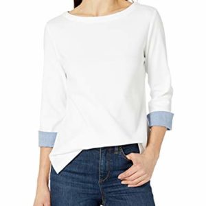 Nautica Women's Solids and Stripes Boatneck 3/4 Sleeve 100% Cotton Shirt, Bright White, Large