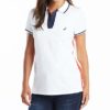 Nautica Women's Toggle Accent Short Sleeve Soft Stretch Cotton Polo Shirt, Bright White, XX-Large