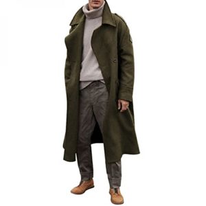 NC Men's Notch Lapel Double Breasted Long Trench Coat Casual Plus Size Wool Blend Windbreaker Long Jacket Overcoat Fall Winter Duffle Windproof Peacoat Army Green