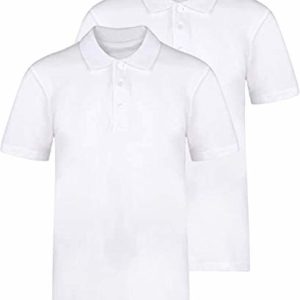 Plain Polo Shirt (Pack of 2) Boys and Girls Age 3-14, 100% Cotton School P.E Sports Gym Short Sleeve Outdoor (White, 13-14)
