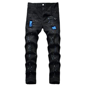 QIMYUM Mens Ripped Jeans, Distressed Destroyed Slim Fit Straight Leg Denim Pants, Black040, 34