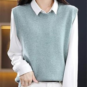 RHANY Sleeveless Knitted Waistcoat Women,Ladies Crew Neck Wool Feel Knitted Sweater Vest Winter Sweater Fashion Tank Top Mint Green Sleeveless Pullovers Overlay Underwear Outerwear,M