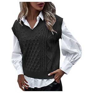 Sanahy Women Sleeveless Solid Color Knitted Sweater Vest Loose Streetwear Preppy Style Knitwear V Neck Crop Tank Top Casual Pullover(Black,Large)