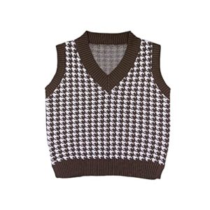 Sdencin Women Houndstooth Pattern Knit Sweater Vest Sleeveless Loose V-Neck 90s Waistcoat Pullover Knitwear Top, Brown, Medium