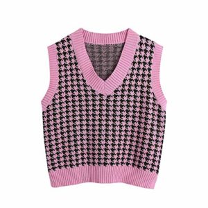 Sdencin Women Houndstooth Pattern Knit Sweater Vest Sleeveless Loose V-Neck 90s Waistcoat Pullover Knitwear Top, Fushia, S
