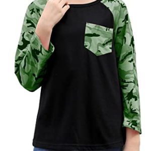 simtuor Girls Patch Pocket Shirt Camo Print Color Block Long Sleeve Tops Crewneck Raglan Casual Tunic Blouses 4-13 Years, Green Black, 10-11 Years