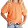 simtuor Kids Girls Cute T-Shirt Short Puff Sleeve Basic Solid Casual Loose Pullover Ribbed Cuffs Hem Tees, Orange, 8-9 Years
