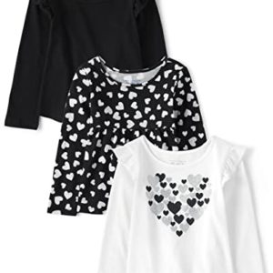 The Children's Place Baby Girls' and Toddler Long Sleeve Fashion Shirt, Black/Black Hearts/White Heart 3 Pack, 5 Years (Pack of 3)