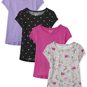 The Children's Place Girls' Short Sleeve High Low T-Shirt, Lilac/Dots/Fuchsia/Splatter Doodle 4 Pack, X-S (Pack of 4)