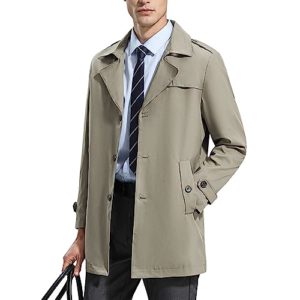 VETCS Men's Business Long Jacket Casual Regular Fit Notched Lapel Single Breasted Mid Length Trench Coat Fall Overcoat,Khaki,S
