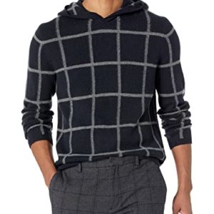 Vince Men's Plush Plaid Pullover Hoodie Sweater, Coastal/Med H Grey, S