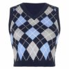 Women Argyle Plaid Knitted Tank Top Female Knitwear Preppy Style Y2K Knitwear V Neck Casual Crop Top Sweater Vest 90s Streetwear (L,Black)