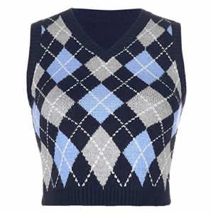Women Argyle Plaid Knitted Tank Top Female Knitwear Preppy Style Y2K Knitwear V Neck Casual Crop Top Sweater Vest 90s Streetwear (L,Black)