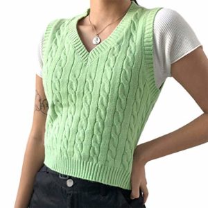 Women Knitted Sweater Vest Argyle Preppy Style Knitwear Sleeveless V Neck Plaid E-Girl Tank Top Y2K Streetwear (Green, S)