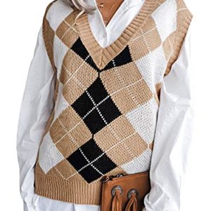 Women Knitted Vest Y2k Vintage Preppy Argyle V Neck Sleeveless Jumper Sweater Tank Top Streetwear (A-b-Khaki, S)
