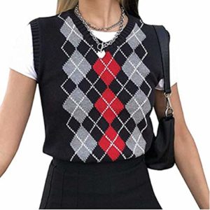 Women Streetwear Preppy Style Knitwear Tank Top V Neck Argyle Plaid Knitted Sweater Vest (Black, S)