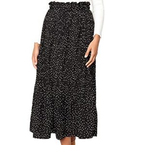 Womens High Waist Polka Dot Pleated Skirt Midi Swing Skirt Pleated Ruffle A Line Long Skirt with Pockets (Black, Medium)