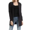 Women's Solid Elegant Open Front Cardigan Sweater Long Sleeves Long Knitting Trench Jumper with Pockets Black M