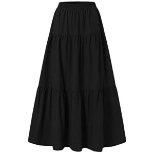 Women's Vintage Elastic Waist A-Line Long Midi Skirt Solid Color Pleated Big Hem Basic Flared Long Skirts (Black, 3X-Large)