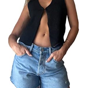 YILEEGOO Women Sleeveless Sweater Vest Preppy Button Down Crochet Knitted Waistcoats Jumpers Tank Top Streetwear (Black, L)