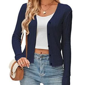YOESEE Women's Open Front Cardigan Sweater Hollow Out Button Down Casual Knit Sweater Coat, Navy Blue, M