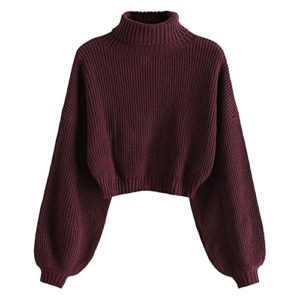 ZAFUL Women's Mock Neck Long Sleeve Ribbed Knit Basic Crop Pullover Sweater