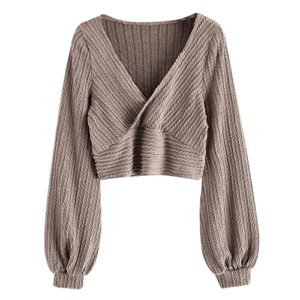 ZAFUL Women's Pullover Ribbed Cropped Knitwear Drawstring Ruched Knitted Crop Top Solid V-Neck Long Sleeve T-Shirt