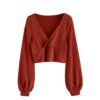 ZAFUL Women's Pullover Ribbed Cropped Knitwear Drawstring Ruched Knitted Crop Top Solid V-Neck Long Sleeve T-Shirt Orange
