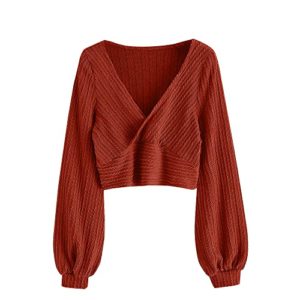 ZAFUL Women's Pullover Ribbed Cropped Knitwear Drawstring Ruched Knitted Crop Top Solid V-Neck Long Sleeve T-Shirt Orange