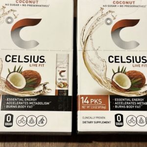 2 CELSIUS Energy Drinks On-the-Go Coconut Powder Sticks Zero Sugar (14 Packets)