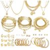 46 Pcs Gold Jewelry Set with 11Pcs Necklace, 11 Pcs anklet and 18 Pcs Earring Ear Cuff ,6Hoop Earrings for Women Girls, Metal, alloy