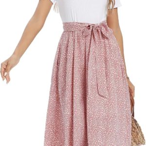 Aeuui Summer Dresses for Women 2023 Short Sleeve Elastic Waist Casual Dresses Fl