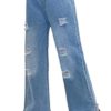 AIEOE Girls Ripped Flare Jeans Elastic Waist High Waist Fitted Denim Pants Pull-on Distressed Denim Casual Baggy Split Jeans Ripped 11-12 Years