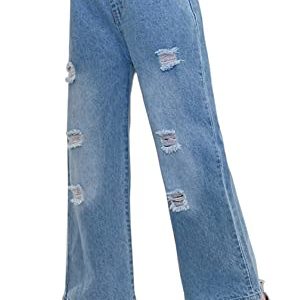 AIEOE Girls Ripped Flare Jeans Elastic Waist High Waist Fitted Denim Pants Pull-on Distressed Denim Casual Baggy Split Jeans Ripped 11-12 Years
