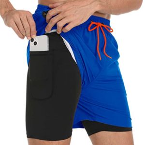 Aisprts Swimming Shorts Men, Swimming Trunks with Compression Liner 2 in 1 Quick Dry Stretchy Mens Swim Shorts Surfing Beach Shorts with 2 Zipper Pockets Dark Blue