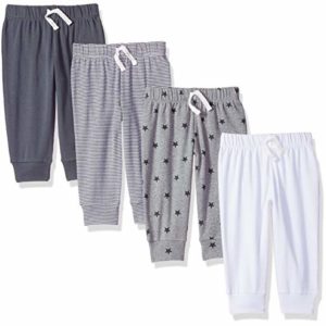 Amazon Essentials Unisex Babies' Cotton Pull-On Trousers, Pack of 4, Dark Grey/White/Stars/Stripes, 18 Months