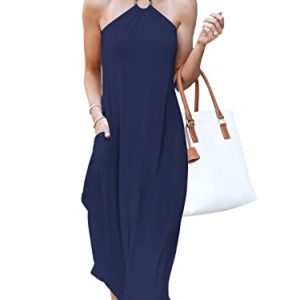 ANRABESS Women's Summer Casual Criss Cross Sundress Sleeveless Split Maxi Long Beach Dress with Pockets, Navy Blue, X-Large