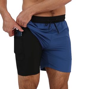 Arcweg Men's Swim Trunks Mens Swimming Shorts with Compression Liner Quick Dry Stretchy 2 in 1 Board Shorts with Zipper Pockets Black+Blue M(UK)