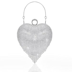BABEYOND Women's Rhinestone Clutch Evening Bag - Heart Shape Glitter Tassel Purse for 1920s Party Prom Wedding, Silver, One Size