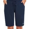 BALEAF Women's 10" Long Shorts Cotton Lounge Gym Workout Yoga Sweat Bermuda Knit Jersey Shorts Pockets Navy M