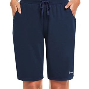 BALEAF Women's 10" Long Shorts Cotton Lounge Gym Workout Yoga Sweat Bermuda Knit Jersey Shorts Pockets Navy M