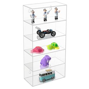 BELLE VOUS Clear Acrylic Wall Display Case - 18 x 8.9 x 37cm / 7.09 x 3.5 x 14.57 Inches - Floating Mounted Shelf with 5 Shelves - Cabinet Rack for Glasses, Figures, Rocks & Shot Glass Collection