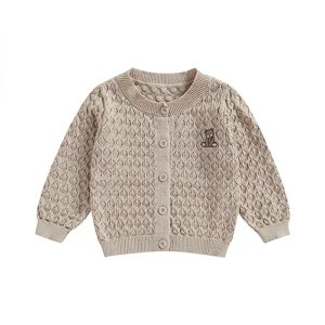 BemeyourBBs Baby Girls Knitted Cardigan Bear Pattern Crew Neck Knit Crochet Button Sweater Coat Cute Fall Winter Jacket Warm Clothes (Apricot, 0-3 Months)