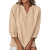 Bigeoosh Womens Summer Swiss Dot Blouses V Neck 3/4 Sleeve Tops Casul Tunic Shirts, Khaki, X-Large