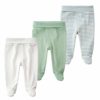 BINIDUCKLING Newborn Baby Boys Girls 3-Pack Trousers with Feet Cotton High Waist Footed Pants 0-3 Months, Green