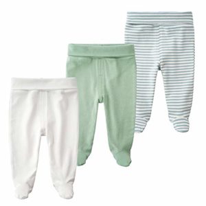 BINIDUCKLING Newborn Baby Boys Girls 3-Pack Trousers with Feet Cotton High Waist Footed Pants 0-3 Months, Green