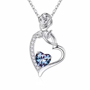 Birthstone Heart Necklaces for Women Girls, 925 Sterling Silver Rose Heart Pendant Necklace Birthstone Jewelry Birthday Valentines Day Anniversary Christmas Mothers Day Gifts for Mom Grandma Wife