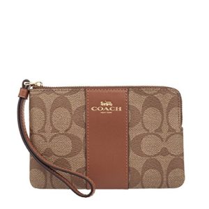 Coach Corner Zip Signature PVC Wristlet, 58035, KHAKI/SADDLE, Khaki/ Saddle, One Size