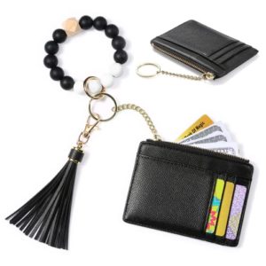DOMUUH Keychain Wallet, Wristlet Wallets for Women, Keychain Wristlet for Women, Silicone Key Ring Bracelet with Card Wallet（New Black）, Black, Medium