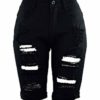 Elonglin Women's Ripped Denim Shorts High Waist Knee Length Skinny Crimping Jeans Shorts Black UK 12(Asie L)